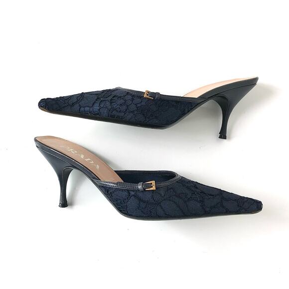 Prada Retro Vintage Buckle Lace Detail Pointed Toe Heeled Mules Pumps 39 - Picture 5 of 8
